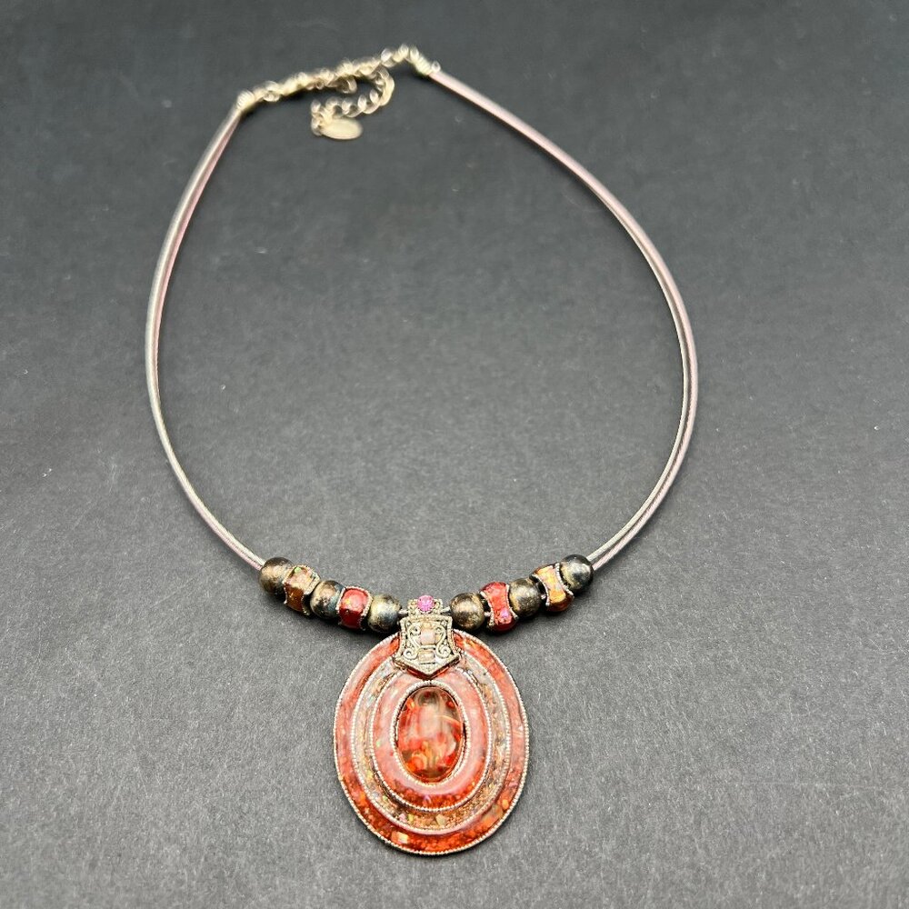 Statement Choker Necklace Enamel Oval Pendant‎ Mixed Beads Boho Tribal